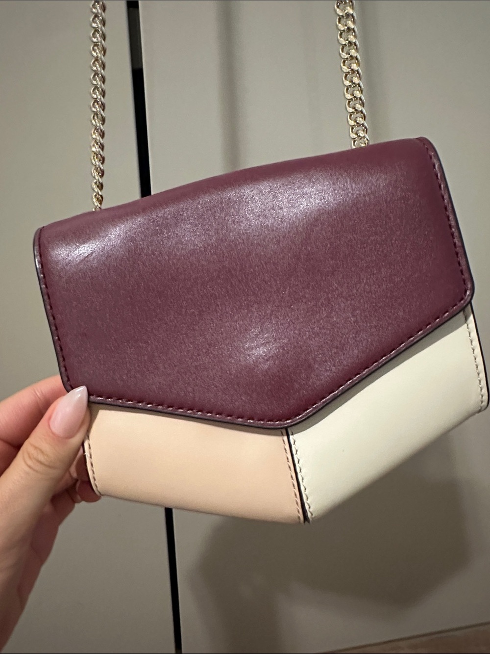 Sandro Lou Calf Leather Crossbody Bag in Burgundy and Cream with Chain Strap